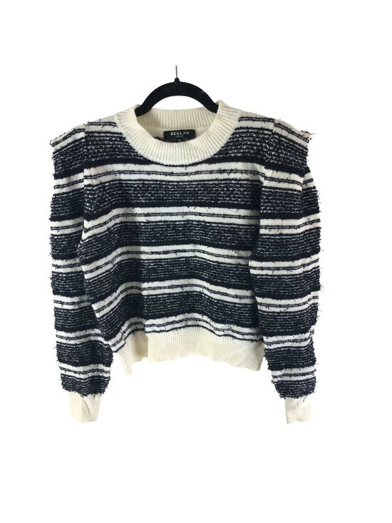 Beulah Sweaters - Beulah Striped Textured Black White Square Shoulder Pullover Sweater All Size